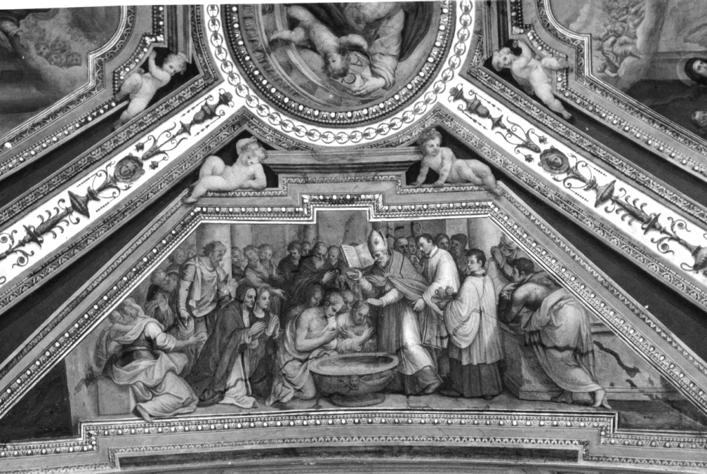 Santa Monica assiste al battesimo di Sant'Agostino (dipinto, complesso decorativo) di Ricci Giovanni Battista (ultimo quarto sec. XVI)