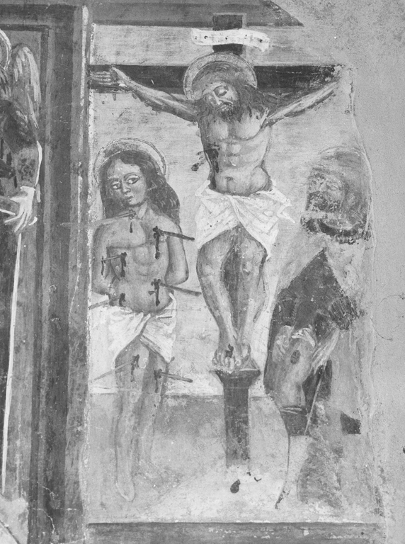 Cristo crocifisso tra i Santi Sebastiano e Rocco (dipinto) di Cappelli Dionisio (maniera) (fine/inizio secc. XV/ XVI)