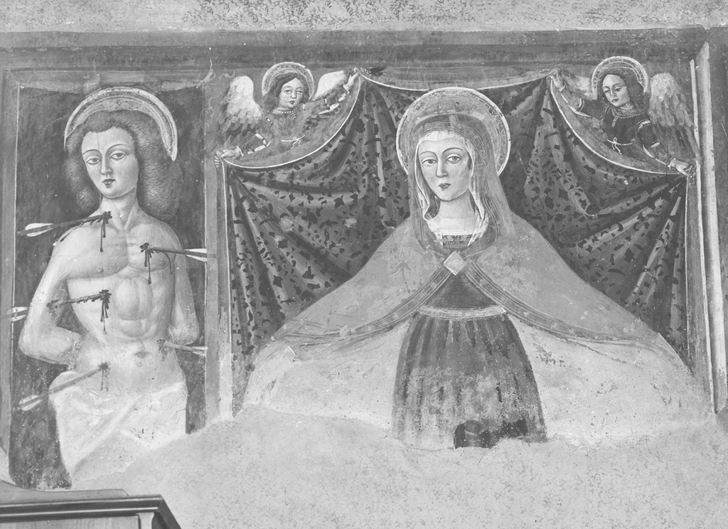 Madonna della Misericordia con San Sebastiano (dipinto, frammento) di Maestro della Madonna della Misericordia (cerchia) (fine sec. XV)