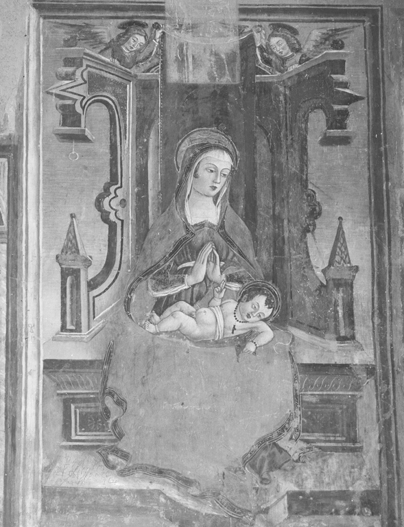 Madonna con Bambino in trono (dipinto) di Maestro della Madonna della Misericordia (attribuito) (fine sec. XV)