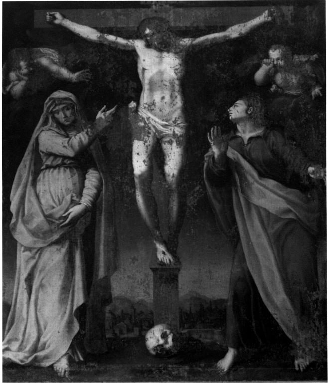crocifissione di Cristo con la Madonna e San Giovanni Evangelista (dipinto) di Zucchi Jacopo (sec. XVI)