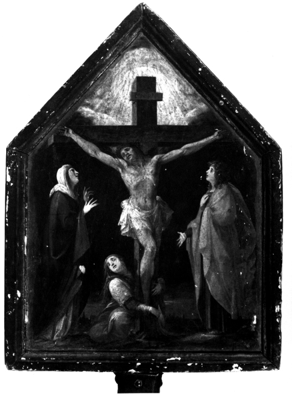 crocifissione di Cristo con la Madonna, Santa Maria Maddalena e San Giovanni Evangelista (dipinto) - ambito romano (fine sec. XVI)