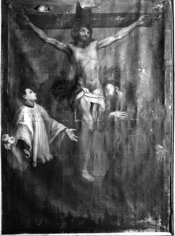 Cristo Crocifisso con San Francesco d'Assisi e San Luigi Gonzaga (dipinto) - ambito laziale (sec. XIX)