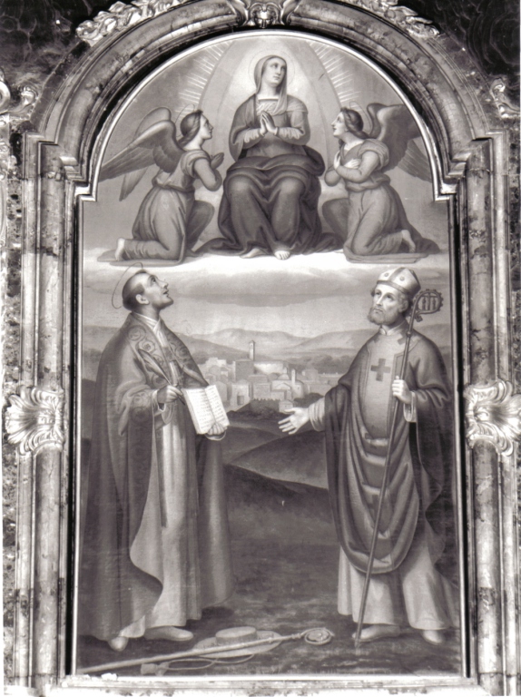Madonna in gloria tra San Bonaventura e Sant'Ildebrando (dipinto) di Fra Silvestro di S. Luigi Gonzaga dei Carmelitani Scalzi (sec. XIX)
