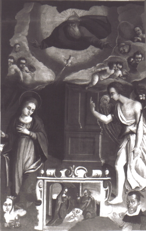 Annunciazione con committenti e natività di Gesù (dipinto) - ambito laziale (sec. XVII)