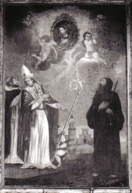 apparizione della Madonna Addolorata a San Domenico, San Ludovico di Tolosa e San Francesco di Paola (dipinto) - ambito laziale (sec. XVIII)
