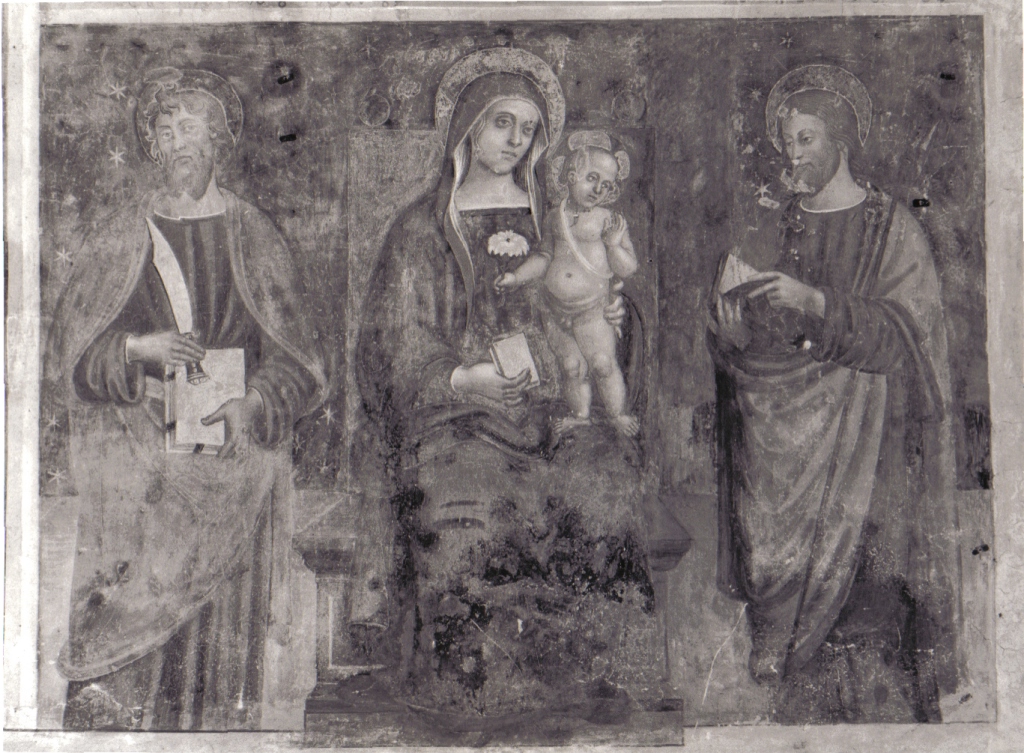 Madonna con Bambino in trono con San Bartolomeo e San Giacomo maggiore (dipinto) di Antonio del Massaro detto Pastura (maniera) (fine sec. XV)