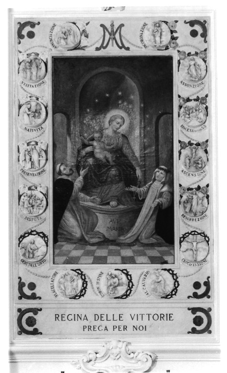 Madonna del Rosario con San Domenico e Santa Caterina, santi e misteri del rosario (decorazione plastico-pittorica) - ambito laziale (sec. XIX)