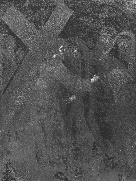 IV stazione, Gesù stauroforo incontra sua madre, stazioni della via crucis (dipinto) - ambito laziale (sec. XVIII)
