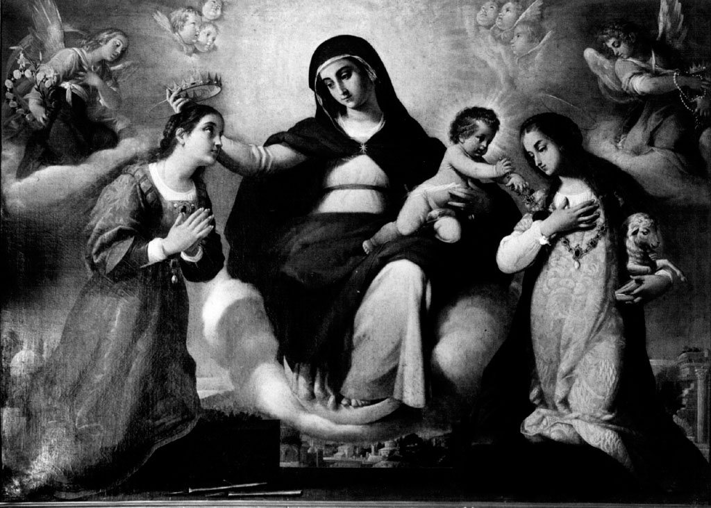 Madonna con Bambino tra Santa Caterina e Sant'Agnese (dipinto) di Baglione Giovanni (sec. XVII)