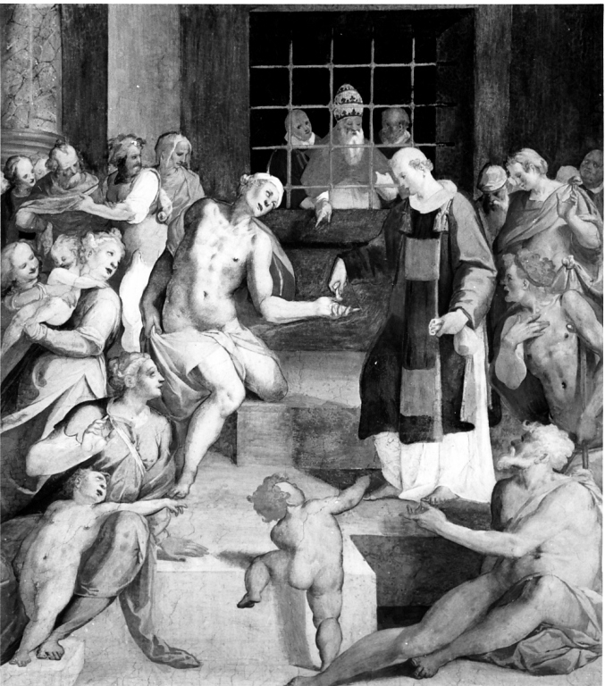 San Sisto papa assiste dal carcere all'elemosina di San Lorenzo (dipinto) di Spranger Bartholomaeus (sec. XVI)