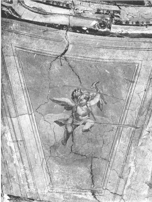 angelo con strumenti della passione: tenaglia e martello (dipinto, ciclo) di Dal Forno Marcantonio (attribuito) (sec. XVI)