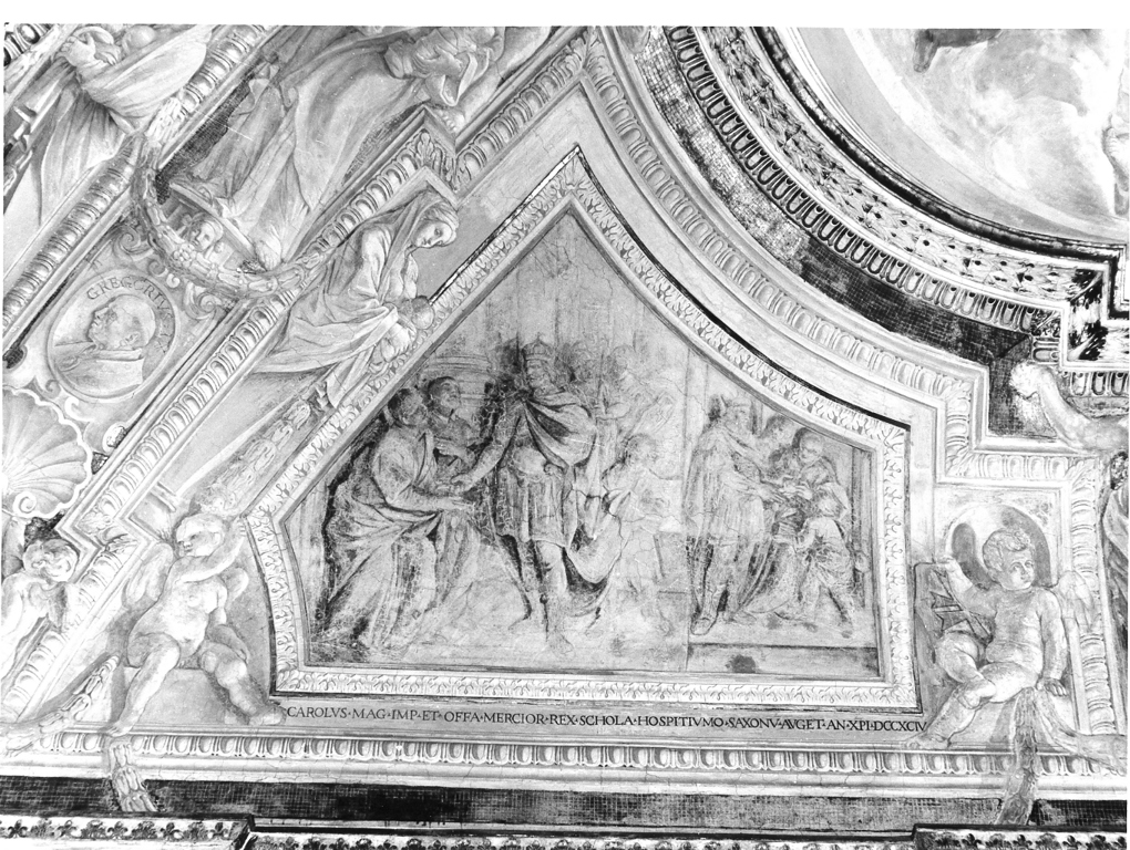 Re Carlo Magno e Offa che distribuiscono denari (dipinto, elemento d'insieme) di Abbatini Guidobaldo (attribuito) (sec. XVII)