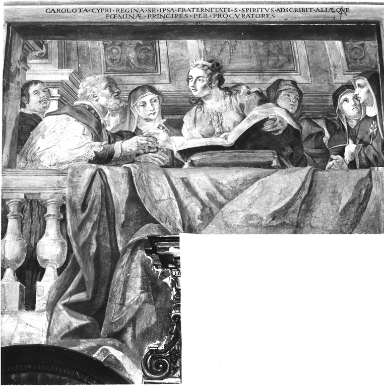 la regina Carlotta e altre principesse si iscrivono nella Confraternita di S. Spirito (dipinto, elemento d'insieme) di Abbatini Guidobaldo (attribuito) (sec. XVII)