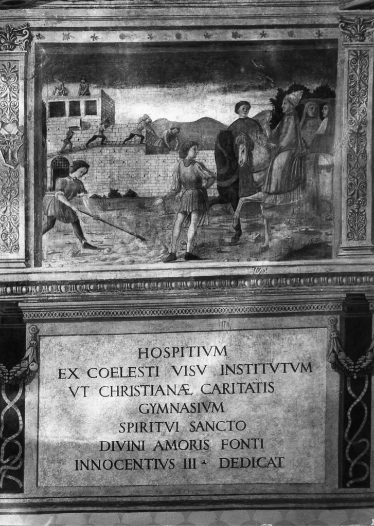 La visita di Innocenzo III all'Ospedale in costruzione (dipinto, complesso decorativo) - ambito romano (seconda metà sec. XV)