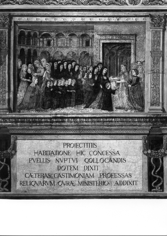Papa Sisto IV dispone l'ospizio per gli esposti (dipinto, complesso decorativo) - ambito romano (seconda metà sec. XV)