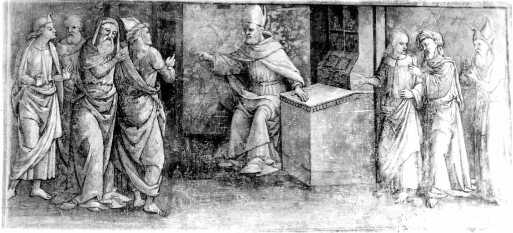 Disputa di sant'Agostino (dipinto) di Bernardino di Betto detto Pinturicchio (scuola) (sec. XV)