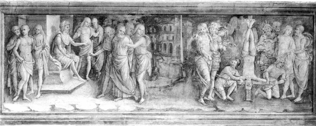 Disputa e crocifissione di san Pietro (dipinto) di Bernardino di Betto detto Pinturicchio (scuola) (sec. XV)