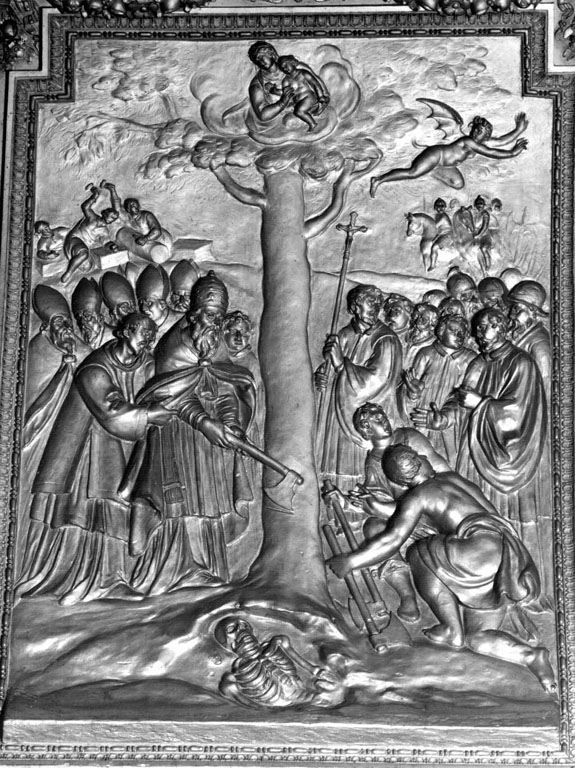 Abbattimento del noce e fondazione di santa Maria del Popolo (rilievo) - ambito romano (sec. XVII)
