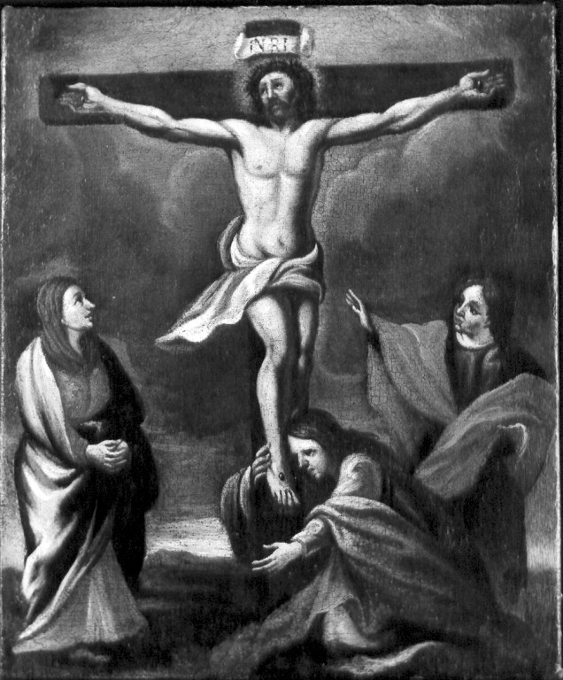 Cristo crocifisso con la Madonna, Santa Maria Maddalena e San Giovanni Evangelista (dipinto) - ambito laziale (prima metà sec. XVIII)