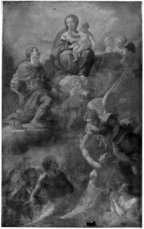 San Luigi dei Francesi intercede presso la Madonna per le anime del purgatorio (dipinto) - ambito laziale (inizio sec. XVIII)