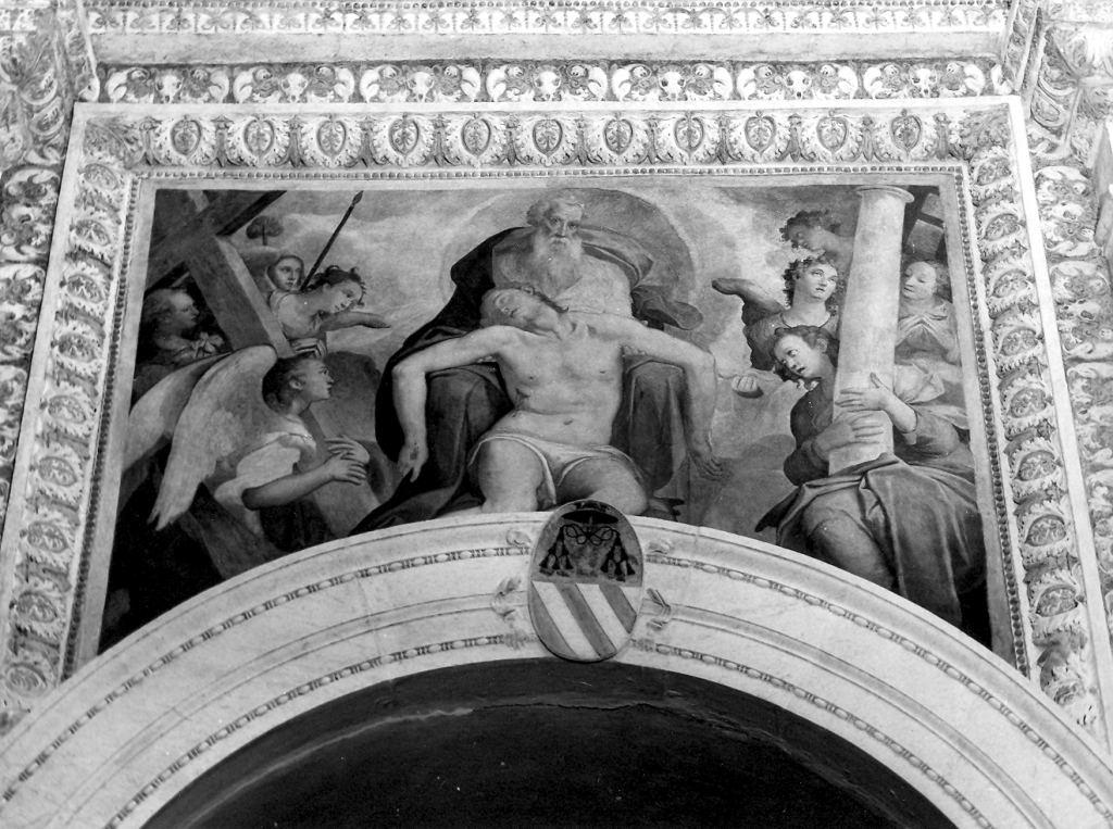 Dio Padre che sostiene il corpo di Cristo morto tra gli angeli (dipinto) di Zuccari Taddeo, Zuccari Federico (sec. XVI)