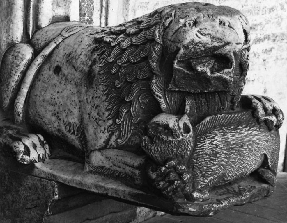 leone che azzanna un cinghiale (scultura) di Jacopo di Cosma (secc. XII/ XIII)