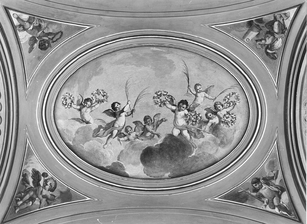 putti con palme e ghirlande (dipinto) di Milani Aureliano (sec. XVIII)