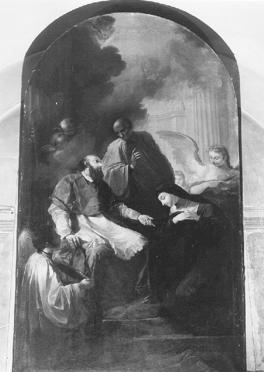 San Francesco di Sales con San Vincenzo de' Paoli e Santa Giovanna Francesca di Chantal (dipinto) di Milani Aureliano (sec. XVIII)