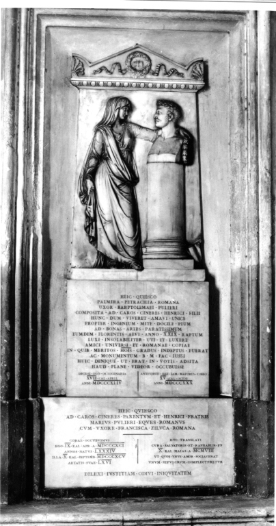 figura femminile panneggiata dinanzi a busto ritratto maschile (gruppo scultoreo) di Tadolini Adamo (sec. XIX)