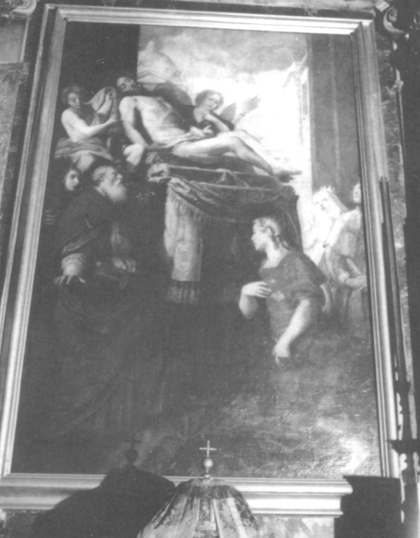 Cristo deposto sul sudario, attorniato da santi e beati di casa Savoia (pala d'altare) di Gherardi Antonio (sec. XVII)