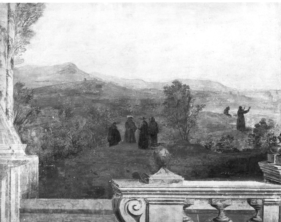 Paesaggio con frati francescani (dipinto) di Ghezzi Pier Leone (sec. XVIII)