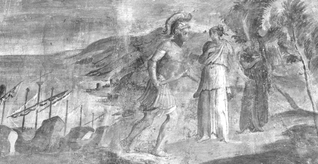 Un guerriero antico con due donne (dipinto) di Luzio Romano (cerchia) (sec. XVI)