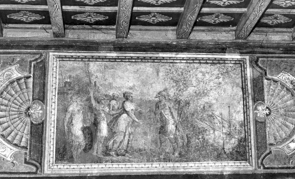incontro di un guerriero e di una fanciulla (dipinto) di Luzio Romano (maniera) (sec. XVI)