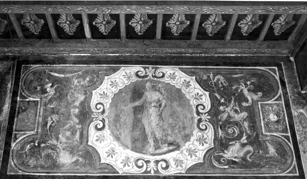 decorazione a grottesche e figura femminile (dipinto) di Luzio Romano (maniera) (sec. XVI)