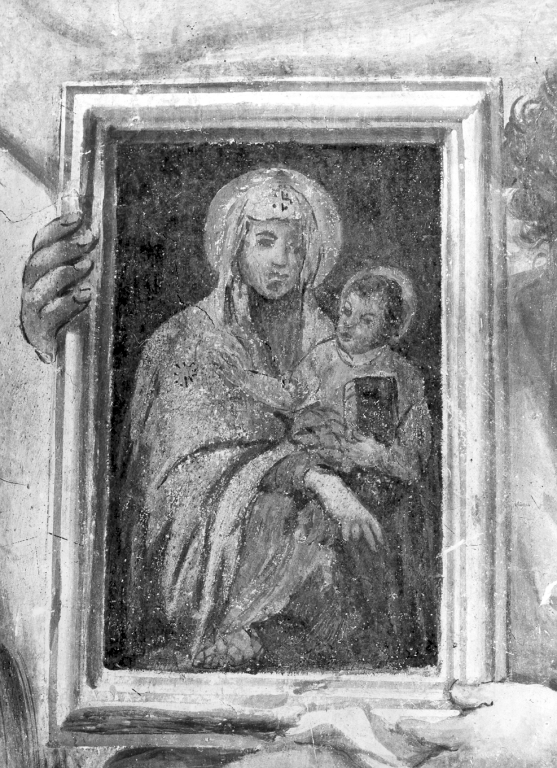 due angioletti sostengono un tendaggio e un terzo l'immagine della Vergine (dipinto) - ambito laziale (prima metà sec. XVIII, sec. XX)