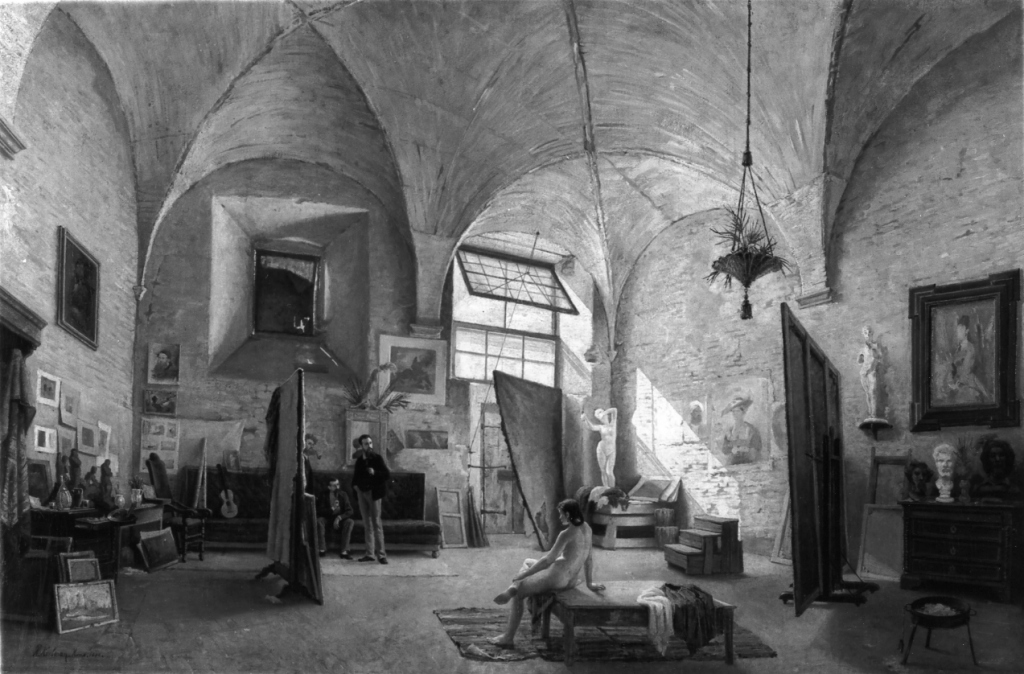 interno dello studio del pittore Koelman (dipinto) di Koelman Romolo (sec. XIX)