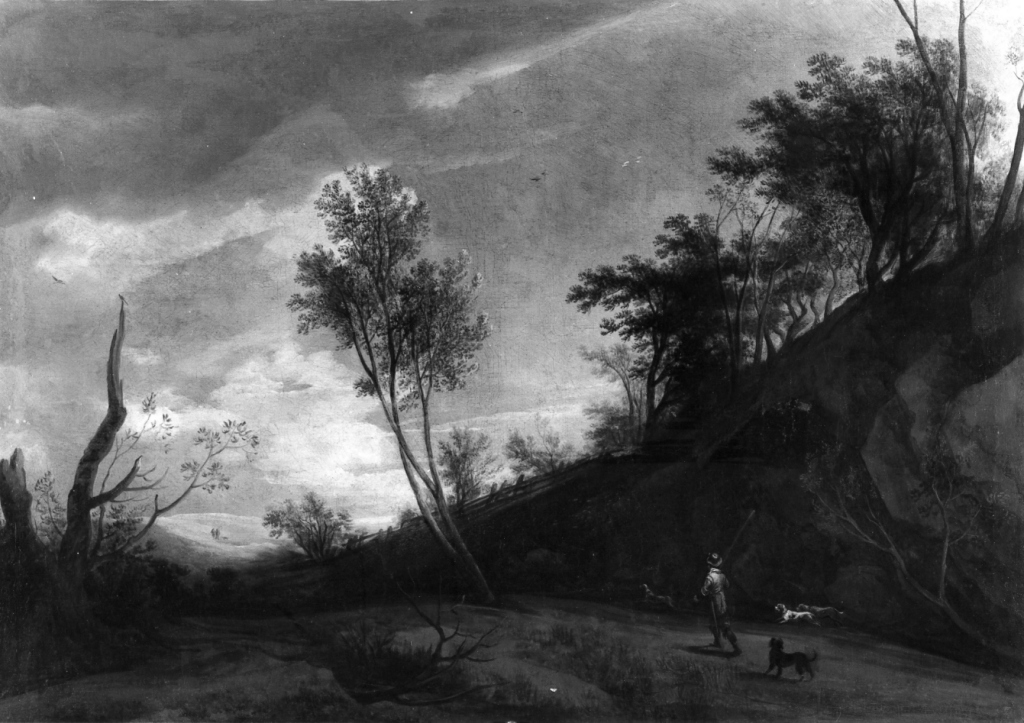 paesaggio con cacciatore (dipinto) - ambito fiammingo (prima metà sec. XVII)