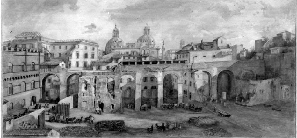 acquedotto e veduta di piazza Venezia (dipinto) di Marchi Vincenzo (sec. XIX)