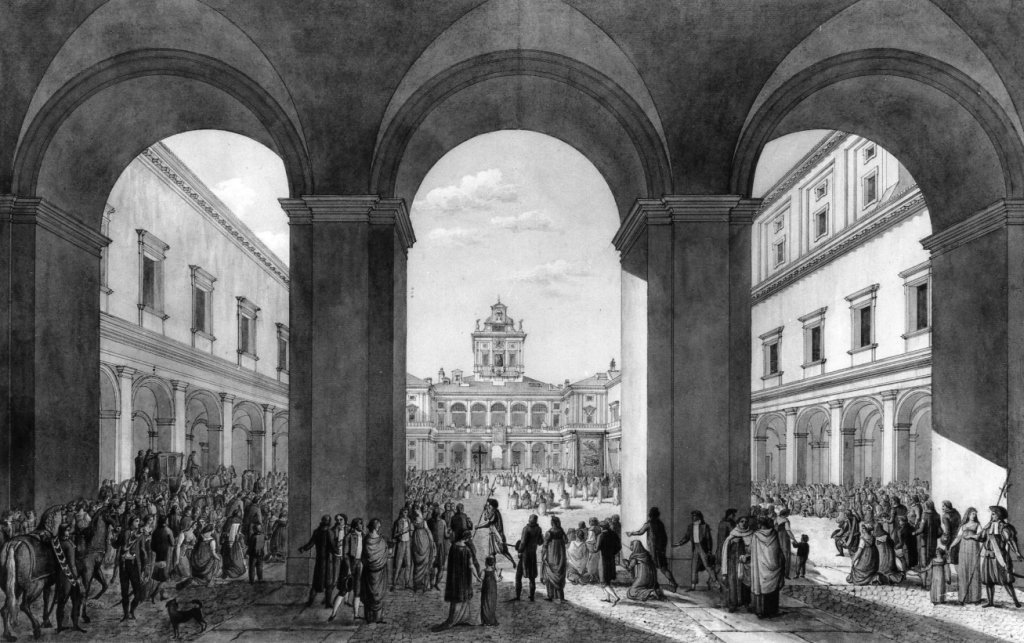 cortile del Quirinale con processione (dipinto) di Ducros Abraham Louis Rodolphe (secc. XVIII/ XIX)