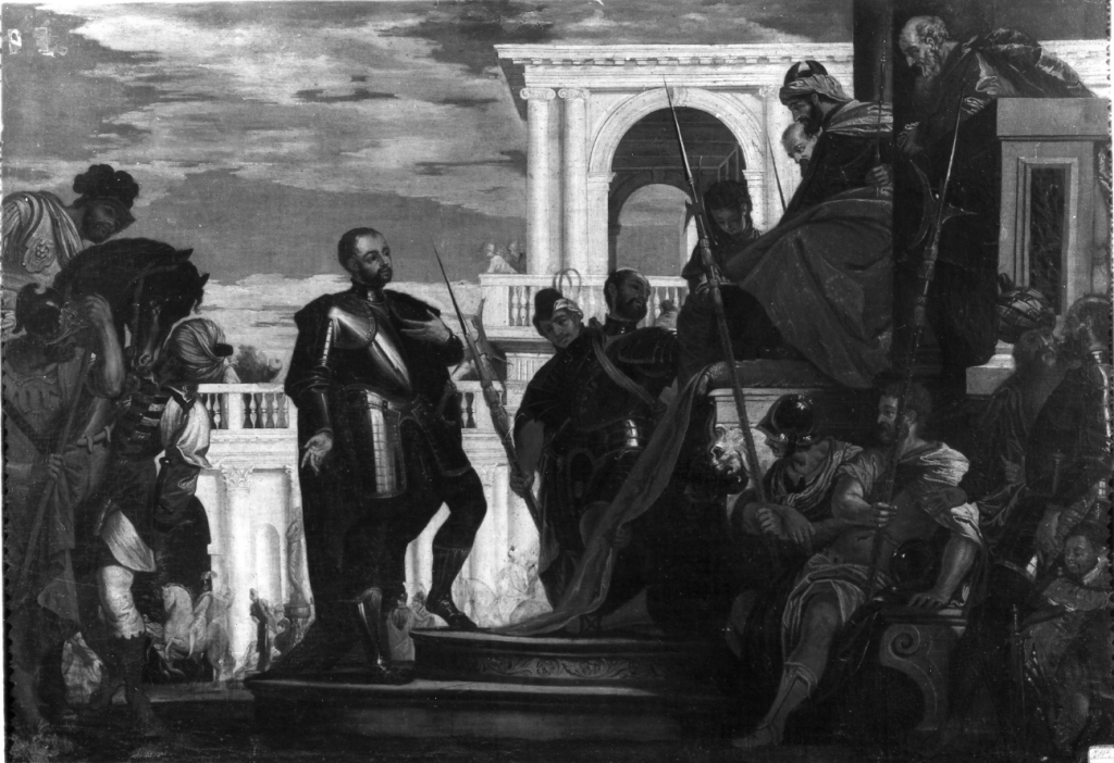 San Luigi e il saladino (dipinto) di Caliari Carlo detto Carletto Caliari (sec. XVI)