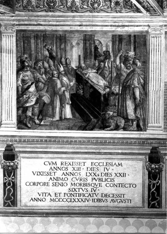 morte di papa Sisto IV (dipinto, complesso decorativo) di Martinelli Nicolò detto Trometta (attribuito), Sermei Ferdinando (attribuito), Bartolucci Sebastiano (attribuito), Stella Jacopo (attribuito) (sec. XVI)