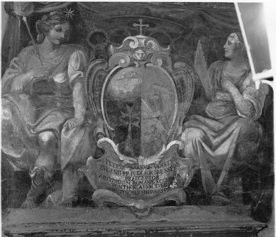 stemma di Papa Paolo II tra la Gloria e l'Equità (dipinto, insieme) - ambito romano (seconda metà sec. XVI)