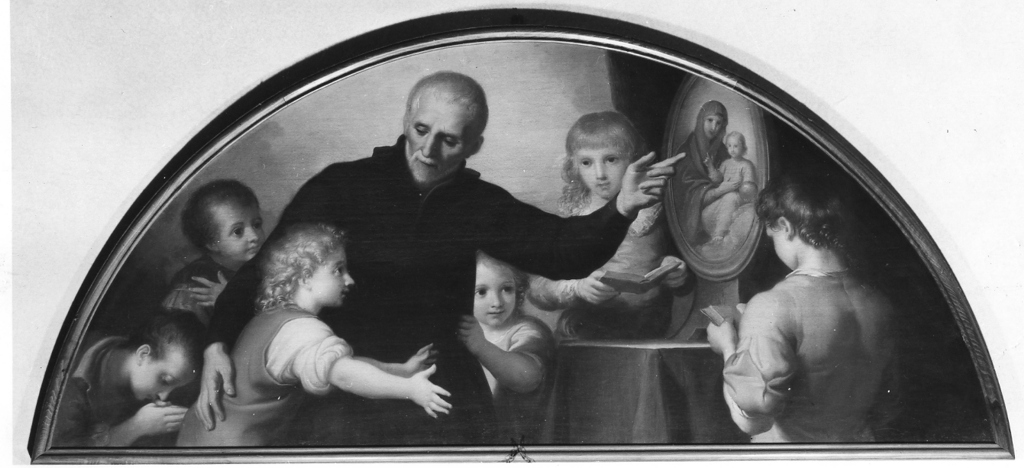 San Giuseppe Calasanzio mostra un quadro della Vergine ai fanciulli (dipinto, opera isolata) di Cavallucci Antonio (attribuito) (sec. XVIII)
