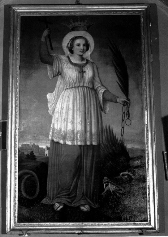 Santa Margherita d'Antiochia sottomette il drago con la croce (dipinto) di Villelmi Enrico (sec. XIX)