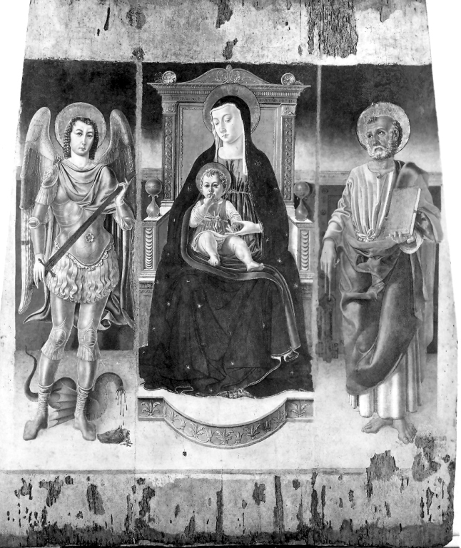 Madonna con Bambino e i santi Pietro e Michele Arcangelo (dipinto) di Lorenzo da Viterbo (sec. XV)