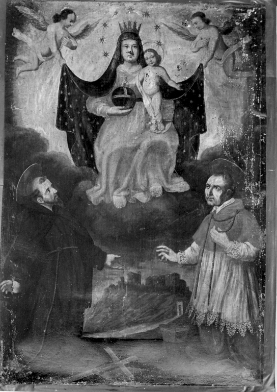 Madonna con Bambino in gloria con San Francesco e San Carlo Borromeo (dipinto) - ambito laziale (sec. XVII)