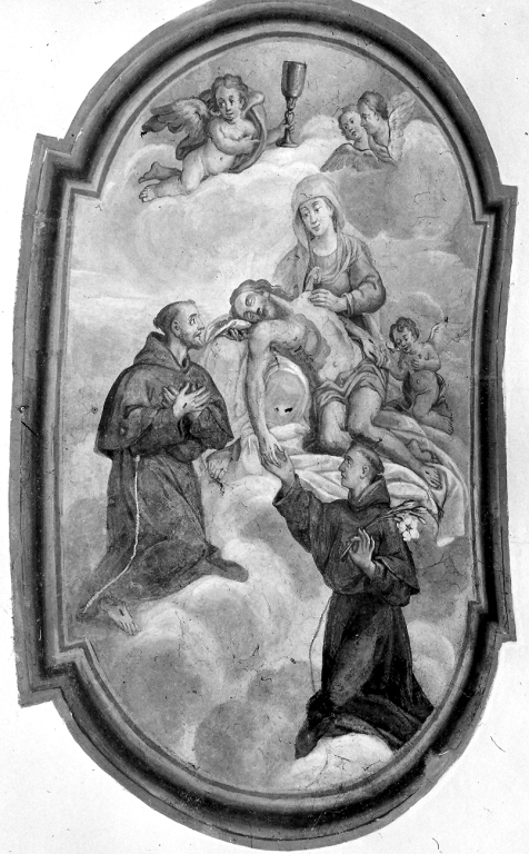 San Francesco e Sant'Antonio con la visione del Cristo morto e dell'Eucarestia (dipinto) - ambito laziale (ultimo quarto sec. XVI)