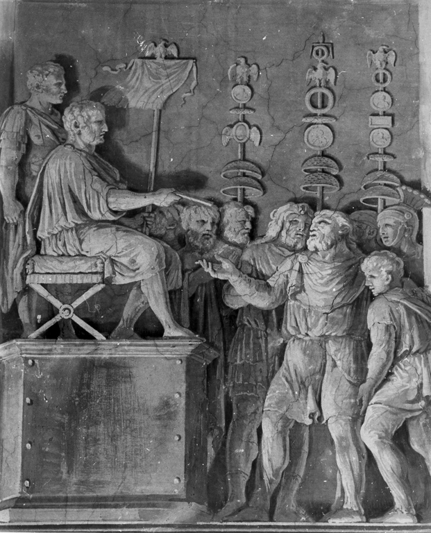 scena di storia romana: l'imeratore consegna un messaggio ai soldati (dipinto) di Kuntz Taddeo (seconda metà sec. XVIII)