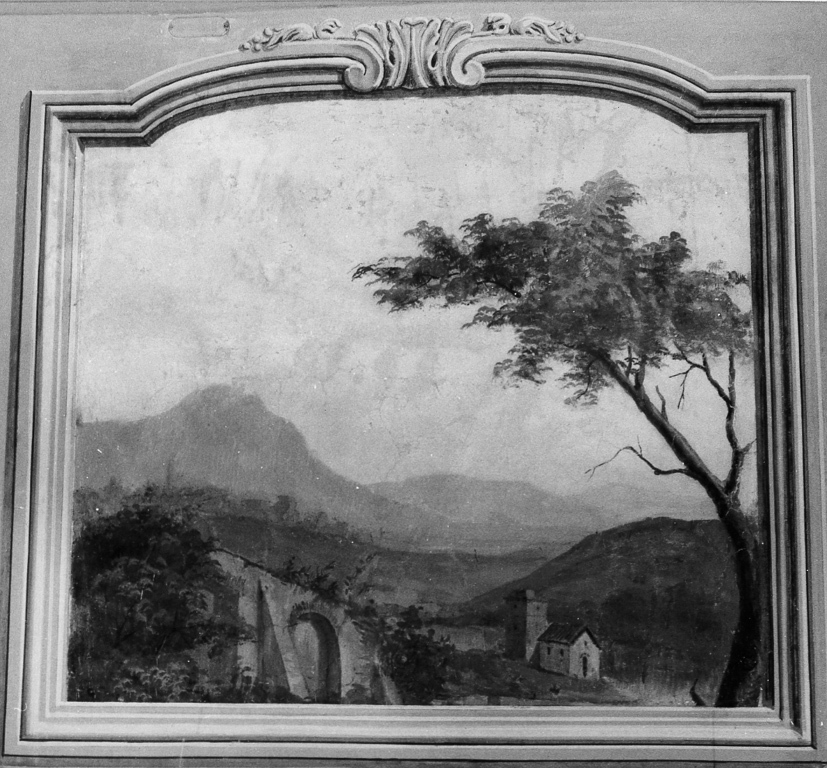 paesaggio con casolare e mura antiche (dipinto) - ambito romano (metà sec. XVIII)
